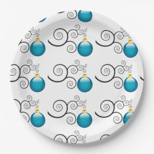 Stylish Blue Christmas Ornament Pattern Paper Plates