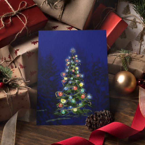Stylish blue Christmas tree bright lights  Holiday Postcard
