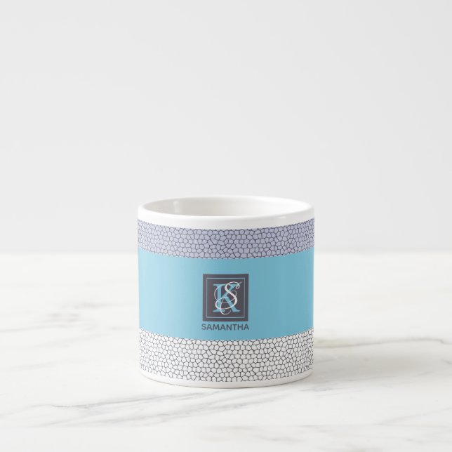 Stylish Blue Color White Mosaic Monogrammed Espresso Cup (Front)