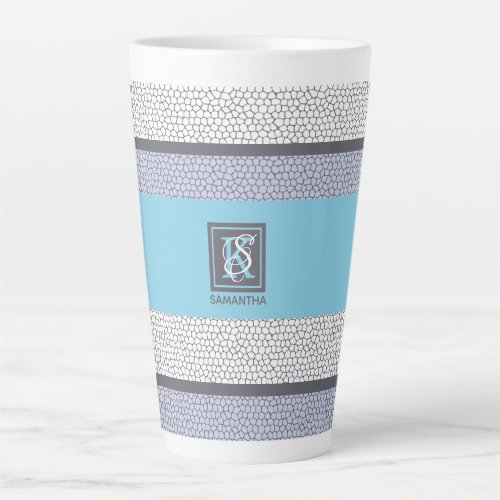 Stylish Blue Color White Mosaic Monogrammed Latte Mug