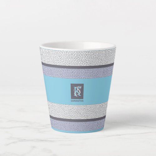 Stylish Blue Color White Mosaic Monogrammed Latte Mug