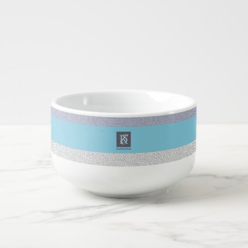Stylish Blue Color White Mosaic Monogrammed Soup Mug