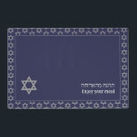Stylish Blue | Enjoy Your Meal | STAR OF DAVID Placemat<br><div class="desc">Modern dark blue STAR OF DAVID Table Placemats, showing with faux silver Star of David in a tiled pattern. Near the bottom, there is a larger single Star of David, plus text that reads ENJOY YOUR MEAL in English and Hebrew text. These are CUSTOMIZABLE so you can PERSONALIZE with your...</div>