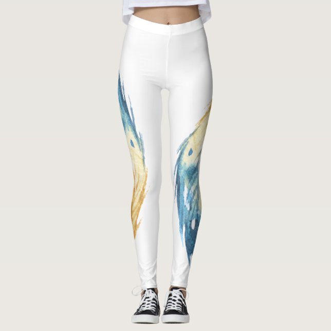 Stylish Blue Feathers on White  Leggings (Front)