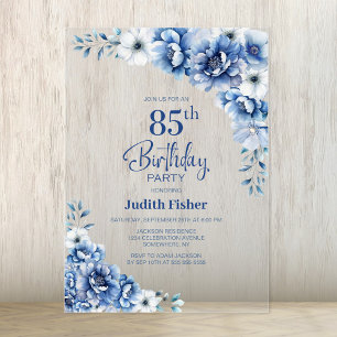 Stylish Blue Floral 85th Birthday Party Acrylic Invitations