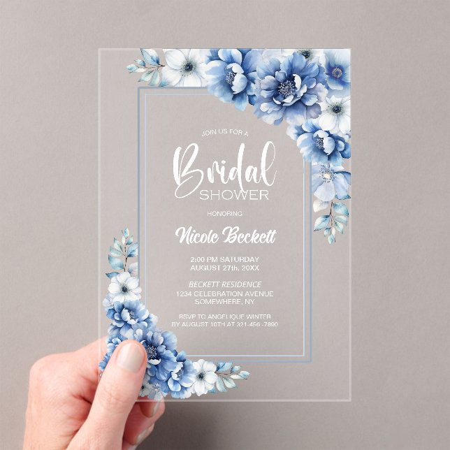Stylish Blue Floral Bridal Shower Acrylic Invitations (Insitu (Handheld))