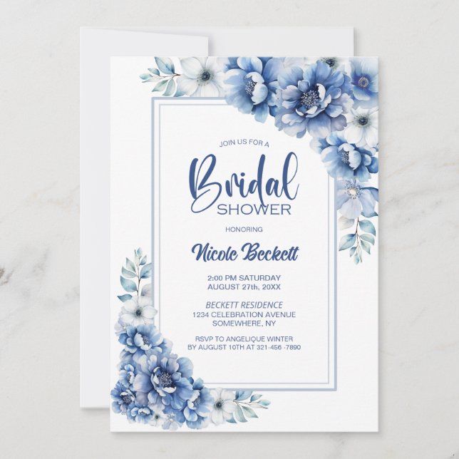 Stylish Blue Floral Bridal Shower Invitation (Front)