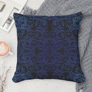 Stylish blue floral pattern on black throw pillow
