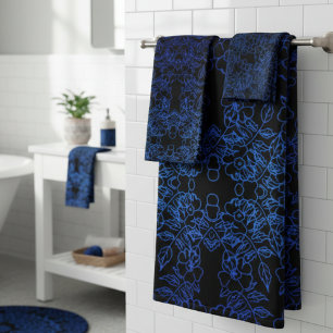 Stylish Blue Floral Print Pattern on Black Bath Towel Set