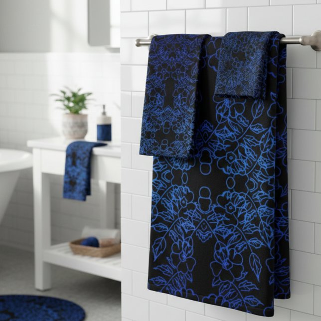 Stylish Blue Floral Print Pattern on Black Bath Towel Set (Creator Uploaded)
