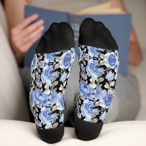 Stylish Blue floral print pattern on black Socks