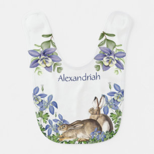 Stylish Blue Floral Rabbit Watercolor Cute Bunny Baby Bib