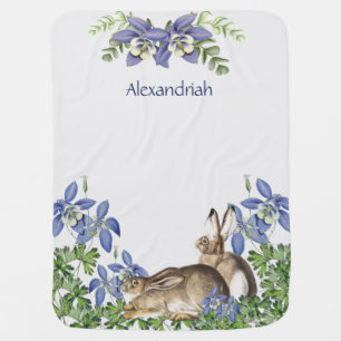 Stylish Blue Floral Rabbit Watercolor Cute Bunny Baby Blanket