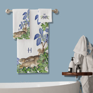 Stylish Blue Floral Rabbit Watercolor Cute Bunny Bath Towel Set