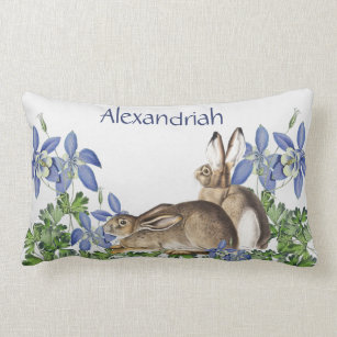 Stylish Blue Floral Rabbit Watercolor Cute Bunny  Lumbar Pillow