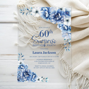 Stylish Blue Floral Surprise 60th Birthday Party Acrylic Invitations