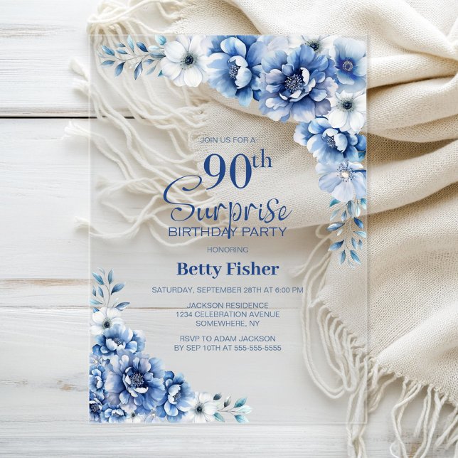 Stylish Blue Floral Surprise 90th Birthday Party Acrylic Invitations (Creator Uploaded)