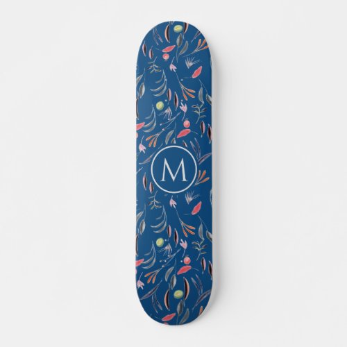 Stylish Blue Floral Watercolor MONOGRAM Skateboard