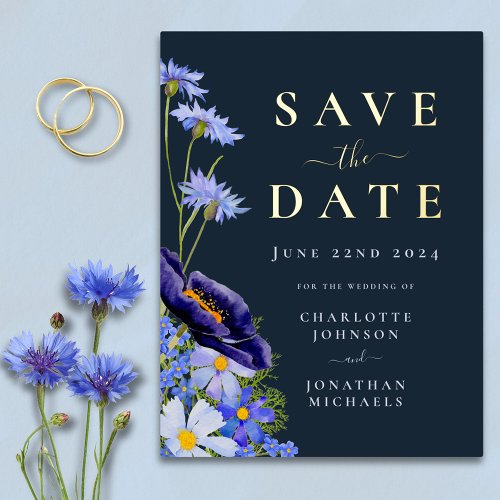 Stylish Blue Floral Wedding Gold Foil Invitation Postcard