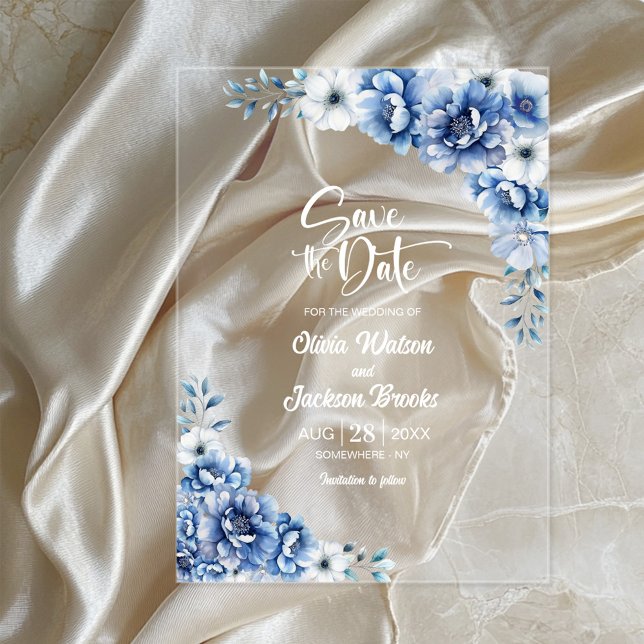Stylish Blue Floral Wedding Save the Date Acrylic Invitations (Creator Uploaded)