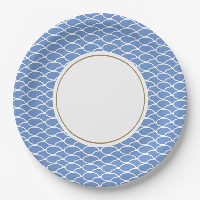 Stylish Blue Geo Waves Pattern White Center Circle Paper Plates (Front)