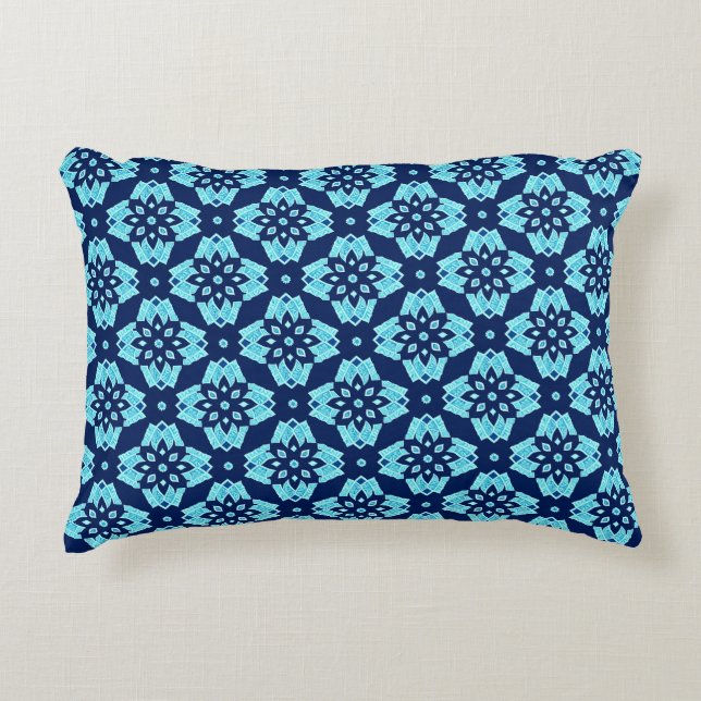 Stylish Blue Geometric Floral Pattern Accent Pillow (Front)