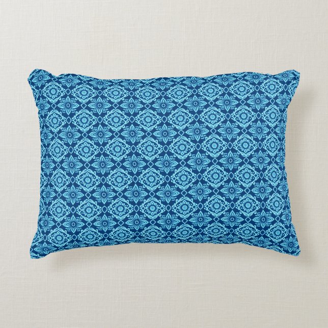 Stylish Blue Geometric Floral Pattern Accent Pillow (Front)
