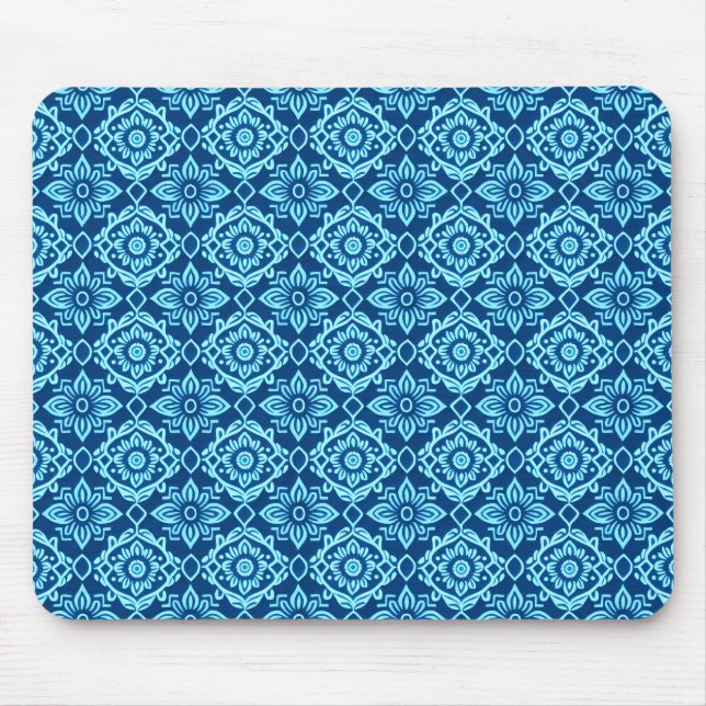 Stylish Blue Geometric Floral Pattern Mouse Pad (Front)