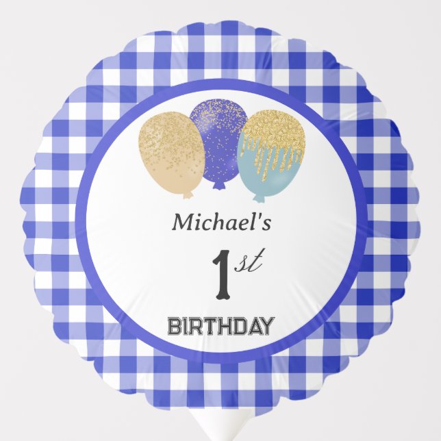 Stylish Blue Gingham & Glitter Blue Party Balloons (Front)