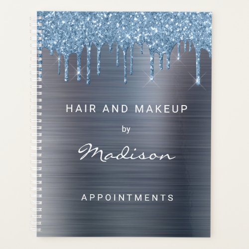 Stylish Blue Glitter Drip Silver Appointment Planner