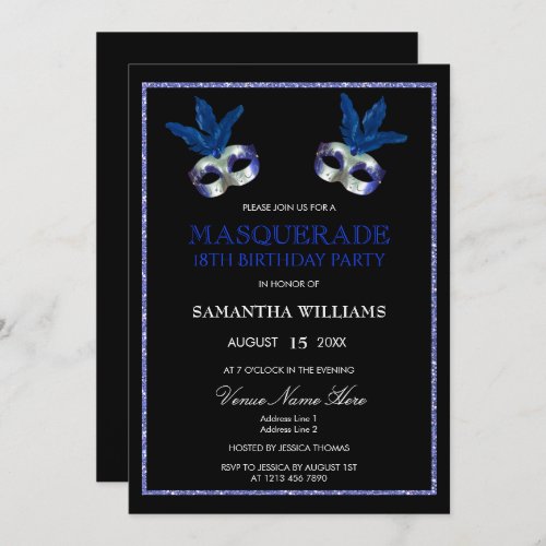 Stylish Blue Glitter Masquerade 18th Birthday Invitation