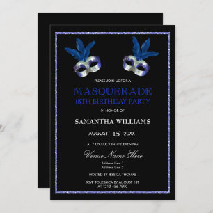 Stylish Blue Glitter Masquerade 18th Birthday Invitation