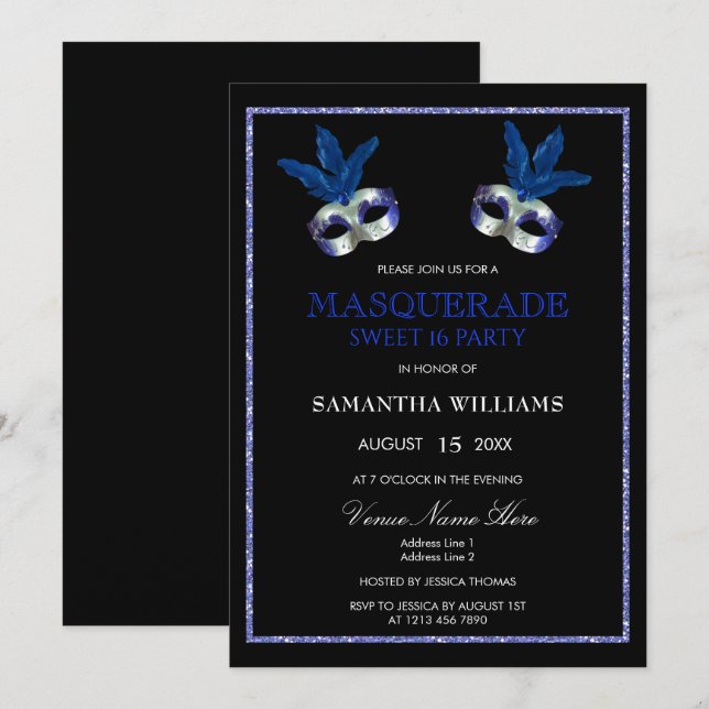 Stylish Blue Glitter Masquerade Sweet 16 Invitation (Front/Back)