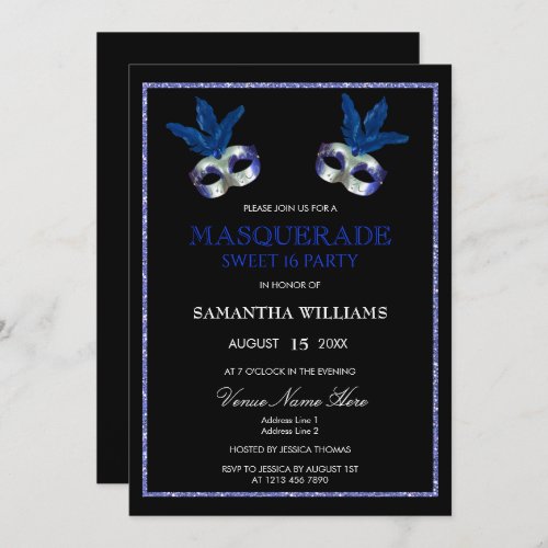Stylish Blue Glitter Masquerade Sweet 16 Invitation