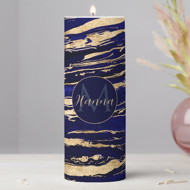Stylish Blue Gold Abstract Marble Pillar Candle (In Situ)