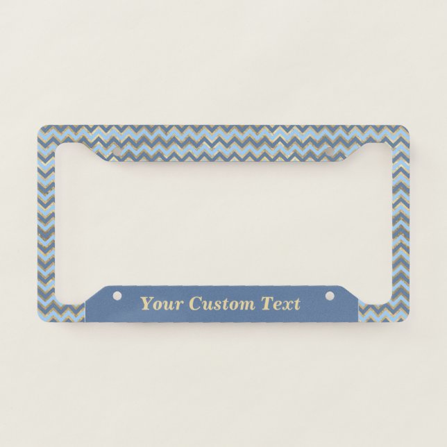 Stylish Blue Gold Chevron Stripes Personalized License Plate Frame (Front)