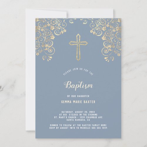 Stylish Blue Gold Cross Baptism Invitation