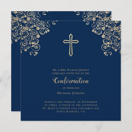 Stylish Blue Gold Cross Bible Verse  Confirmation Invitation