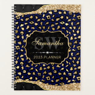 Stylish Blue & Gold Foil Leopard Spots Monogram Planner