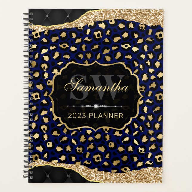 Stylish Blue & Gold Foil Leopard Spots Monogram Planner (Front)