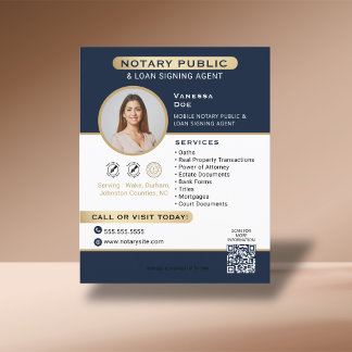 Stylish Blue Gold Notary Photo QR Code Marketing Flyer