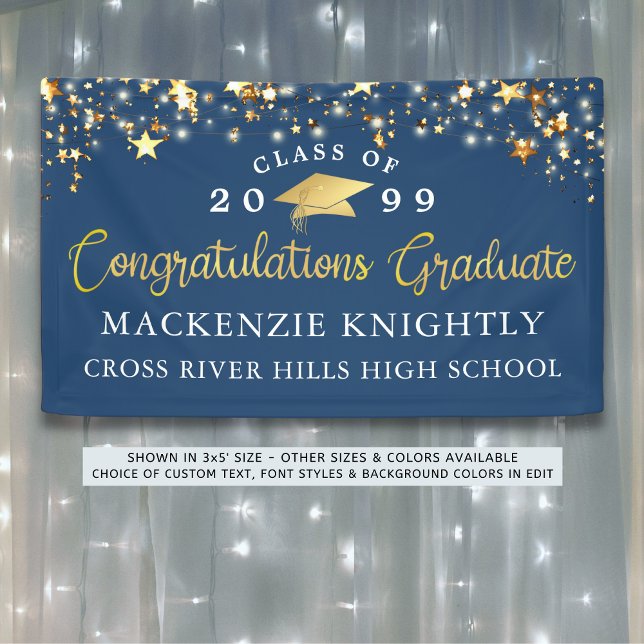 Stylish Blue Gold Script Congrats Grad Stars Banner (Creator Uploaded)