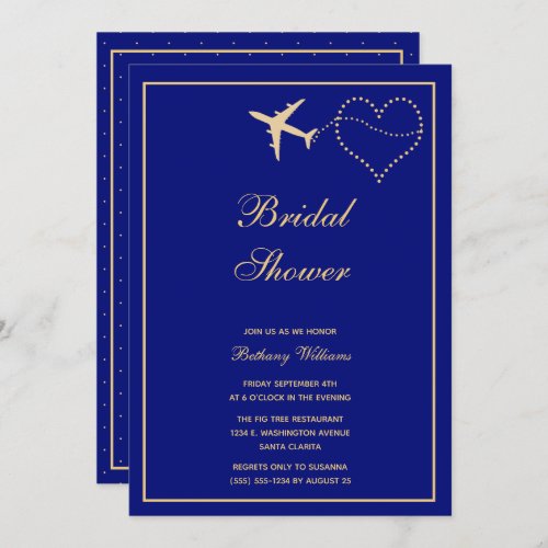 Stylish Blue Gold Travel Bridal Shower Invitation