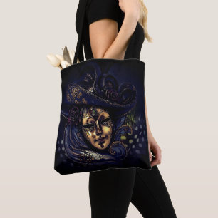Stylish Blue Gold Venetian Carnival Mask Tote Bag