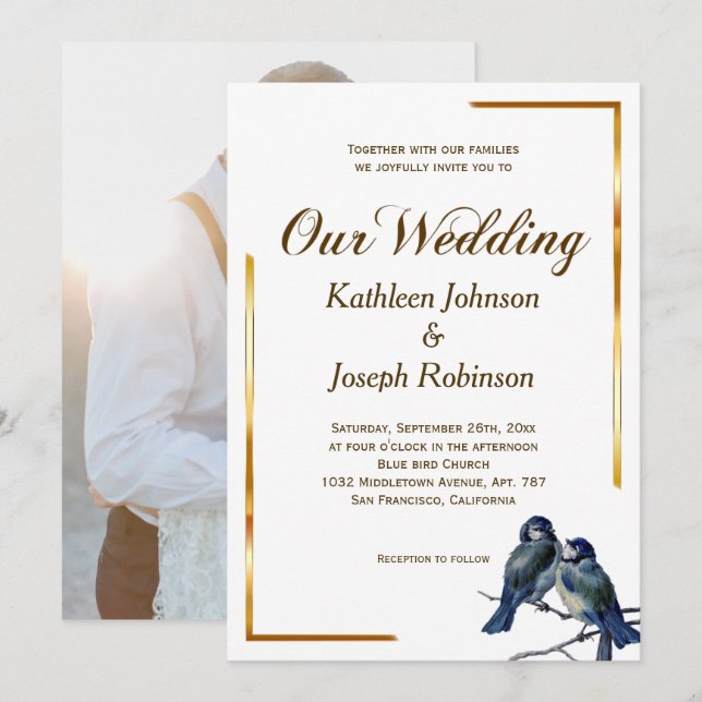 Stylish Blue Gray Birds on a Branch Wedding Invitation (Front/Back)