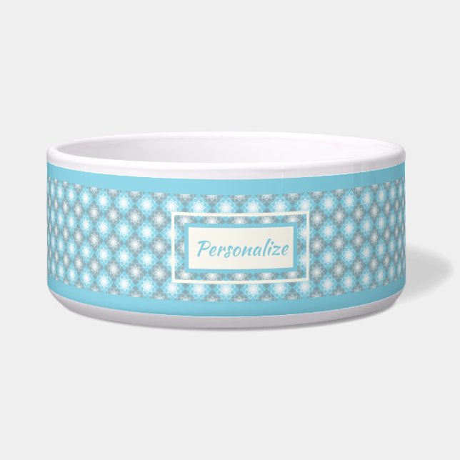 Stylish Blue Gray Diamond Pattern Cat Dog Bowl (Front)