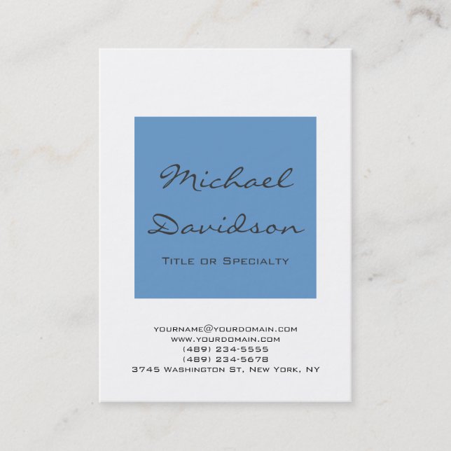 Stylish Blue Gray Script White Business Card (Front)