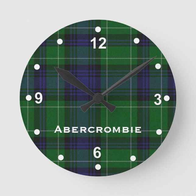 Stylish Blue & Green Abercrombie Tartan Plaid Round Clock (Front)