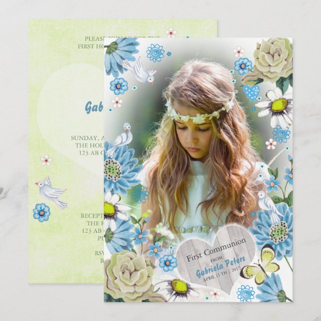 Stylish Blue & green First Holy Communion Floral Invitation (Front/Back)