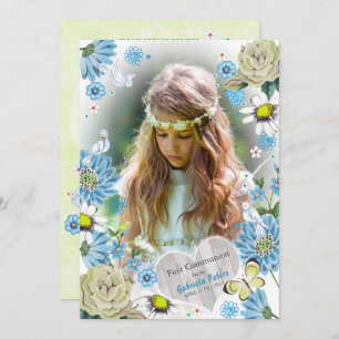 Stylish Blue & green First Holy Communion Floral Invitation